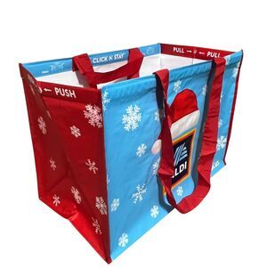 ALDI Click N Stay Reusable Grocery Shopping Bag Christmas Santa Hat Snowflakes